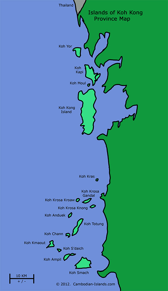 Koh Kong Island Map.  Island Map around Koh Kong, Cambodia.